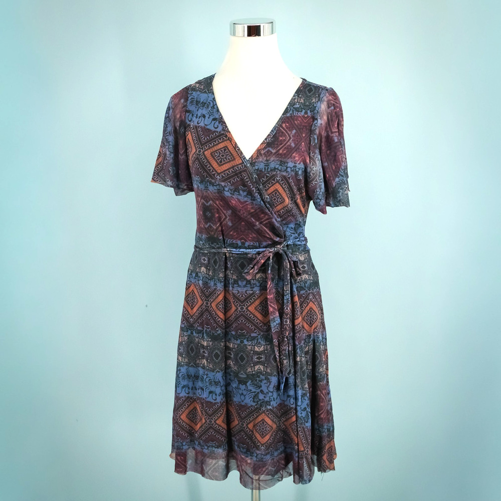 Weston Anthropologie Size Medium M Southwest Print Faux Wrap Tie Mesh Dress